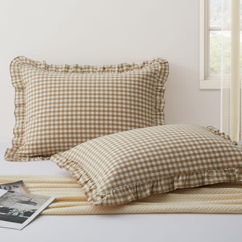 KKJIAF 2 Pcs Plaid Ruffle Pillow Case Standard Size, Ruffled Gingham Cotton Pillowcases 20x26 Inch, Linen Feel Plaid Bed Pillow Shams with Envelope Closure for Bed Sofa (Taupe)