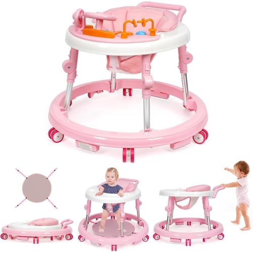 Music and Lights Baby Walker Foldable with 9 Adjustable Heights, Baby Walker with Wheels Portable, Infant Toddler Walker for Baby Boy Girls 6-18 Months