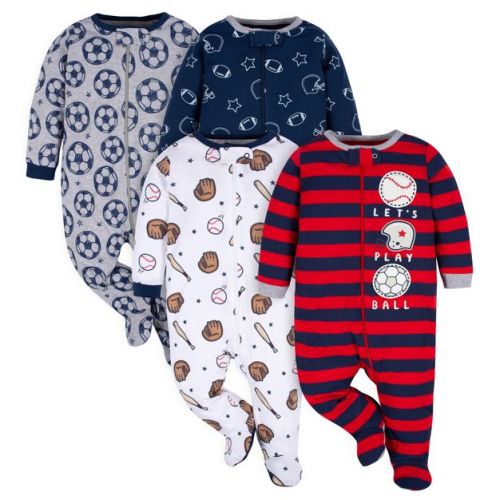 Gerber Baby Boys' Long Sleeve Sleep 'N Plays - Sports - 0-3 Months - 4-Pack