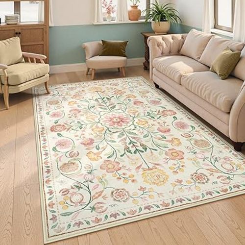 Anidaroel Boho Rugs for Bedroom, Washable Area Rugs 5X7 Soft Rug for Living Room, Non Slip Distressed Beige Floral Rug, Stain Resistant Mat Indoor Carpet for Bedside Apartment Foyer