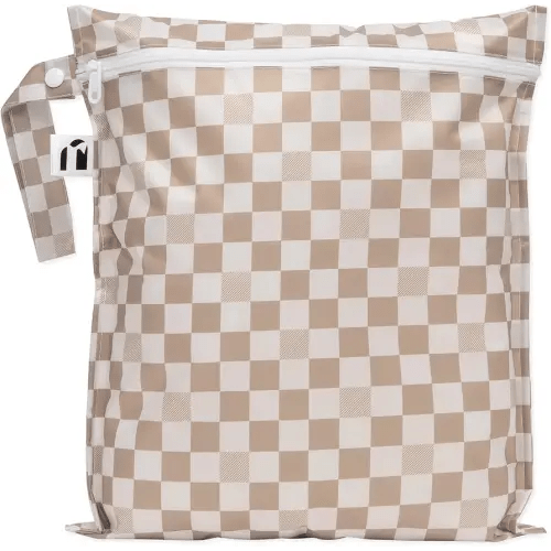 Roamio Waterproof Wet Bag for Baby, Travel, Swim Suit, Cloth Diaper, Pump Parts, Pool, Gym Clothes, Beach, Toiletry, Hook to Stroller, Daycare, Zipper Reusable Bag, Wetdry Packing Pouch, Beige Check