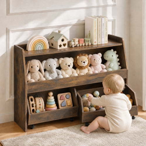 Scohul 2-Tier Kids Toy Storage Organizer, Montessori Toddler Bookshelf with Removable Rolling Bins for Playroom & Nursery, Rustic Brown
