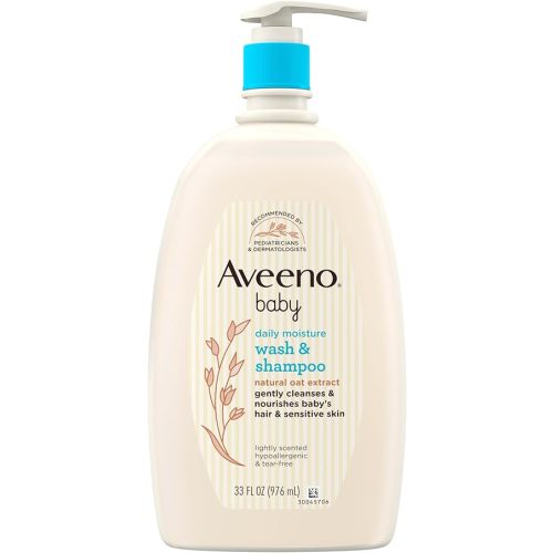 Aveeno Baby Daily Moisture Gentle Baby Body Wash and Shampoo with Oat Extract, 2-in-1 Baby Wash & Hair Shampoo, Tear-Free, pH Balanced for Sensitive Skin & Hair, Lightly Scented, Value Size 33 Fl Oz