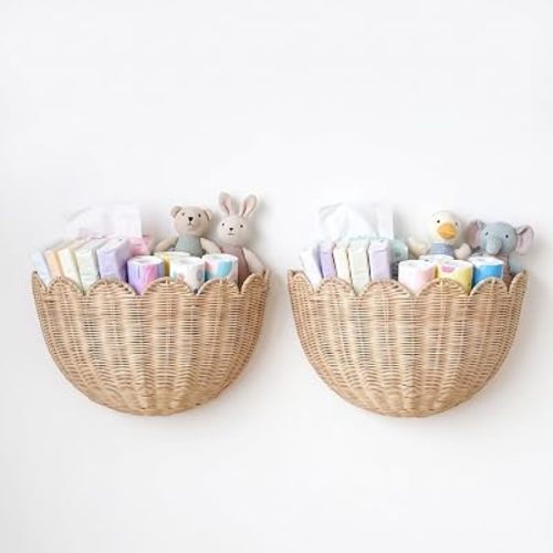 Scalloped Woven Rattan Wall Basket Set of 2, Hand Woven Wicker