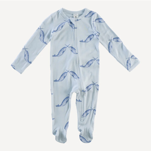 long sleeve two way zipper footie | blue narwhal | bamboo