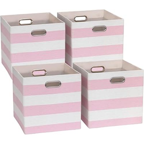 13x13x13 Storage Cube Bins, Foldable Storage Cubes Cubby Baskets Organizer Cloth Bins for Cube Storage Organizing Shelf Closet, Pack of 4, Pink/White Stripe