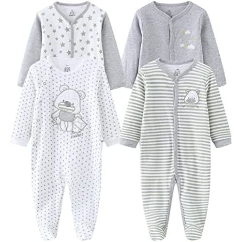 Baby Boys Girls Footies One-Piece Romper Long-Sleeve Jumsuit Cotton Newborn Clothes Set 4-Pack, Baby Pajamas