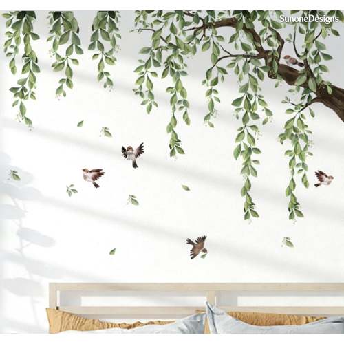 Large Green Tree Wall Stickers, 3 Sheets Hanging Vine Tree Wall Decals Plant decals Leaves Branch Wall Murals Decor for Living Room Bedroom