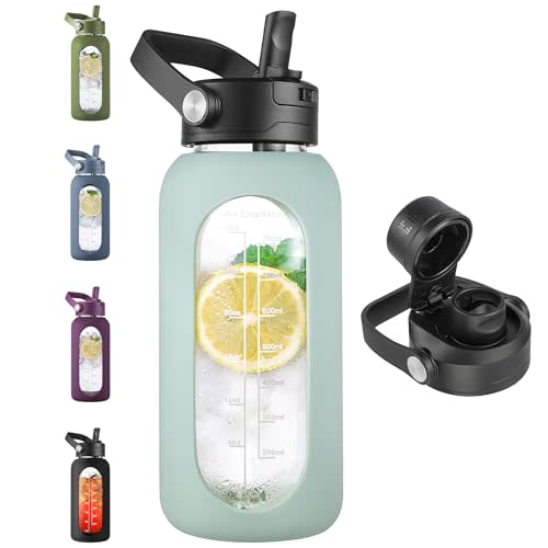 CIVAGO 32 oz Glass Water Bottle with Detachable Straw and Time Maker | Motivational Large Flask Cup with Handle, Leakproof Lids, Wide Mouth, Silicone Sleeve, Tumbler for Juice, Sage