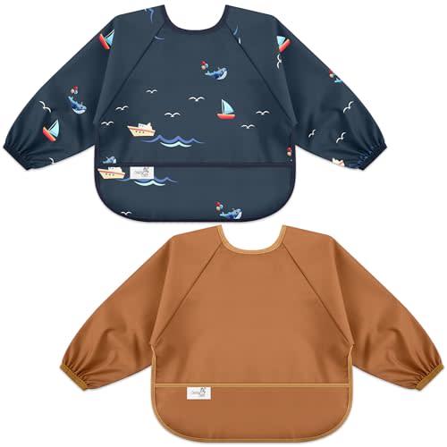 BebeBiu Long Sleeve Baby Bib, Waterproof Fabric, Catch-All Pocket, Baby Smock Bib, Adjustable Sleeves