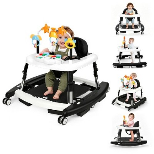 Kmaier 5-in-1 Foldable Baby Walker with Wheels, Music and Lights, 5 Adjustable Heights,Black