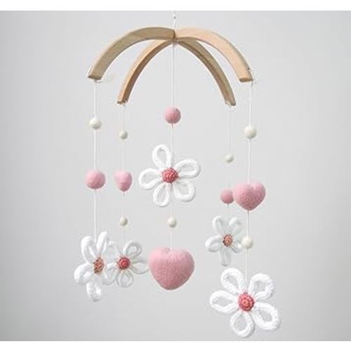 Pink Baby Girl Crib Mobile | Handmade Crochet Flower & Felt Heart Nursery Decor for Crib & Bassinet | Wooden Hanging Toy for Girls Room