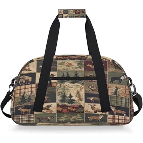 Kids Duffle Bag Girls Boys Rustic Hunting Animal Bear Deer Patchwork Weekender Overnight Bag,Lightweight Duffel Bags for Traveling Gym Sport Dance