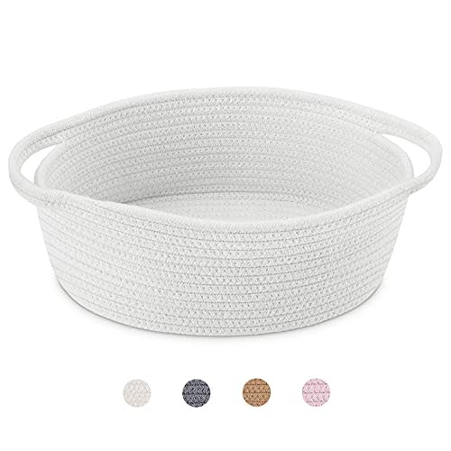 ABenkle Small Basket with Handles, Boho Decorative Rope Woven Dog Cat Toy Storage Bin Shelf Storage Organizer, Easter Christmas Gift Basket, 12"x8"x5", White