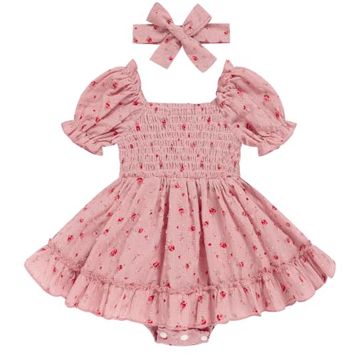 GRNSHTS Baby Girl Romper Dress, Puff Sleeve Smocked Outfit with Headband for Infants Soft Cotton Photo Shoot