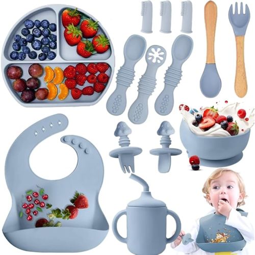 14pzs Vajillas Platos para Bebe Silicona, Set Alimentacion Complementaria Bebe, Plato para Bebe con Ventosas, Baberos Ajustable, Sin BPA, Fácil de Limpiar, Apto para Microondas(Azul) : Amazon.com.mx: Bebé