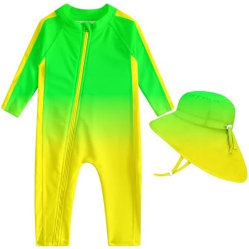 Funnycokid Baby Swimsuit Boy UPF50+ Zipper Infant Bathing Suits One Piece Rash Guard Swimwear with Hat