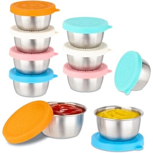 10 Pack 1.6 Oz Salad Dressing Containers To Go, Stainless Steel Small Condiment Containers with Lids, Reusable Leakproof Sauce Container Cups for Lunch Bento Box Picnic & Travel