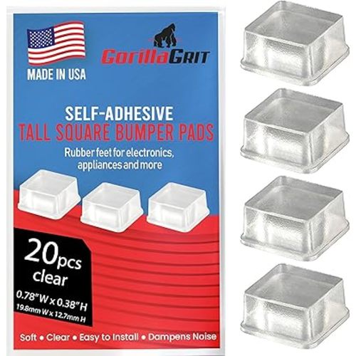Clear Tall Square Adhesive Rubber Bumper Pads - Rubber Feet for Speakers, Electronics, Furniture, Appliances, Audio Equipment - 20 Pieces