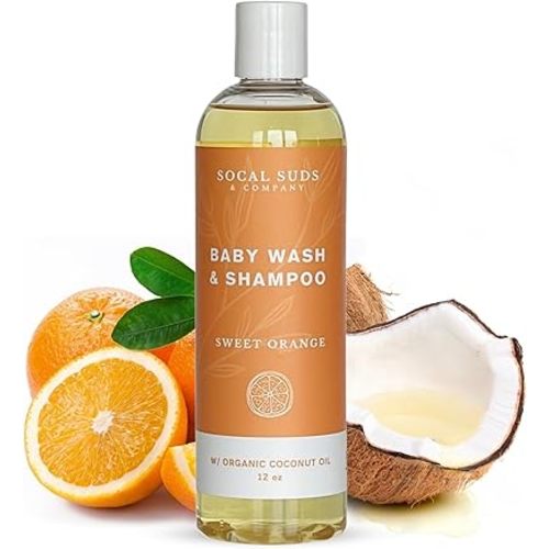 SoCal Suds & Company Organic Baby Shampoo and Body Wash - 2-in-1 Castile Soap, Hypoallergenic, Sensitive Skin, Natural Soap, Toddler Shampoo, Infant, Newborn, Kids Body Wash - 12oz Sweet Orange