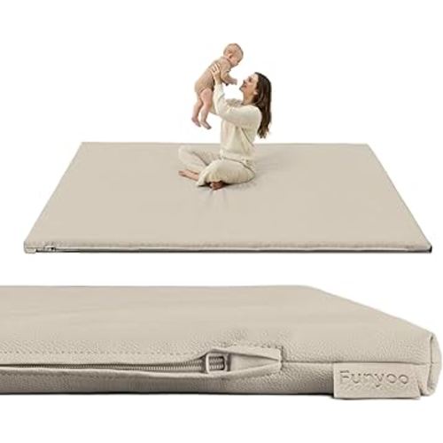 Padded 71" ×59" Large Baby Play Mat for Floor, 1.2" Thick Memory Foam Playmat with Soft Vegan Leather Cover, Cushioned Playpen Mat for 71" x59" Playpens, Grey