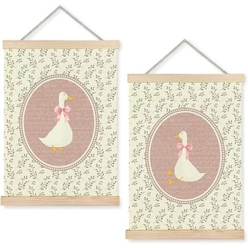 Nipil Floral Coquette Pink Bow Silly Goose Poster Hanger Frame, Rustic Farm Animal Cute Goose Aesthetic Hanging Canvas Framed Wall Art Decor for Girls Room Nursery Playroom, 12x16 Inch Set of 2