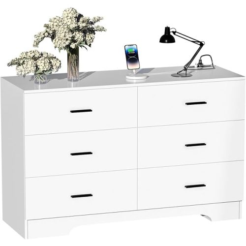 FJTJBSI Dresser with Power Outlets Wooden 6 Drawer Dresser with USB and Type C Port Chest of Drawers for Bedroom Tall White Storage Organizer for Living Room Hallway Closet