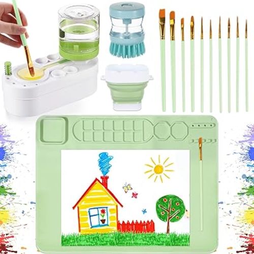 Painting Station Paint Brush Cleaner 20"X16" Silicone Paintings Mat with Cup and Paint Holder 10 Paintings Brushes Children's Painting Set Art Supplies for Kids End of Year Gifts DIY Crafts (Green)