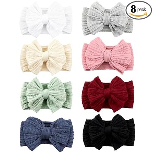 8 Pcs Baby Bows Headbands Soft Nylon Hairbands Super Elastic Headband Hair Accessories For Baby Girls Infant Toddler Essentials (8 Color-Warm, Mid)
