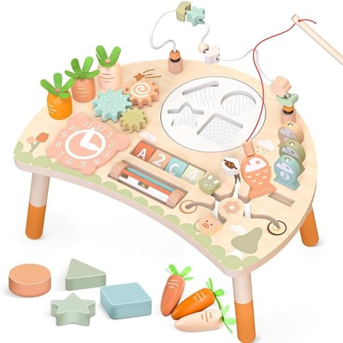 Wooden Activity Table, 9-in-1 Montessori Sensory Play Table with Shape Sorter Fishing Game Bead Maze, Baby Activity Center Learning Toys for Toddler