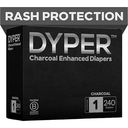 DYPER - Charcoal Enhanced Day & Overnight Disposable Baby Diapers - Made with Plant-Based* & Honest Ingredients, Hypoallergenic for Sensitive Skin - Size 1, (240 Count)