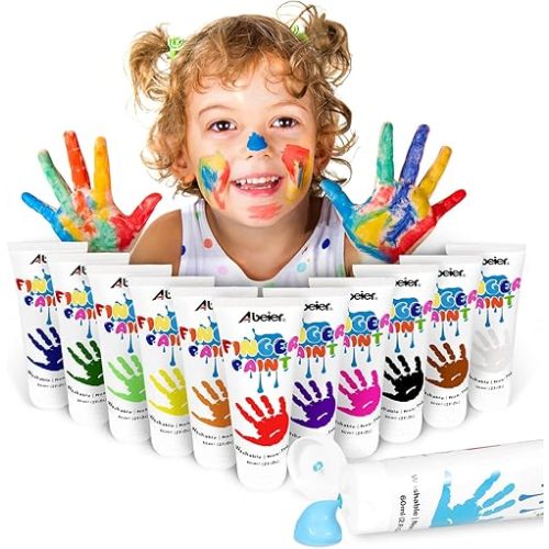 ABEIER Washable Finger Paint for Toddlers, Safe Non-Toxic, 12 x 2oz Vibrant Colors, Baby Safe Paint for Hand and Feet, Mess Free Art Supplies for Kids, Preschool Learning Gifts, Ages 1-3 4 5 6+