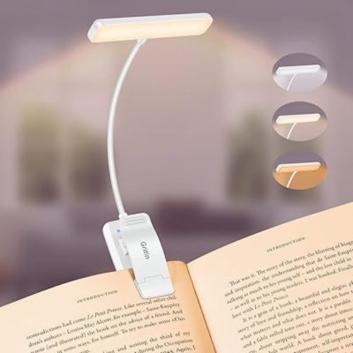 Gritin 19 LED Rechargeable Book Light for Reading in Bed with Memory Function- Eye Caring 3 Color Temperatures,Stepless Dimming Brightness,90 Hrs Runtime Clip on Light for Book Lovers-White