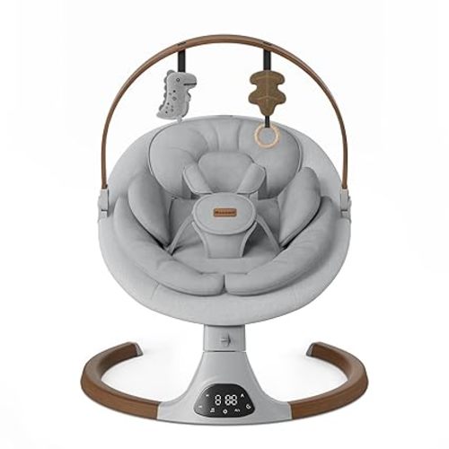 Baby Swings for Infants, Monamii Baby Swing, Bluetooth Infant Swing with Music Speaker, 5 Speeds and Remote Control, Indoor & Outdoor Use (Light Grey)