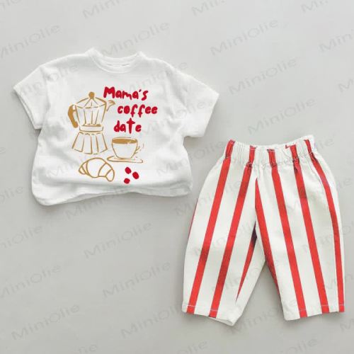 MAMA'S COFFEE DATE Baby Red Vertical Striped 2-piece Set