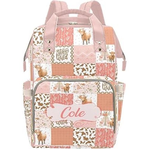 Personalized Highland Cow Pink Diaper Bag with Name – Custom Baby Bag, Nursing Tote Backpack for Mom, Custom Name Mommy Daypack, Shower Gift for Baby