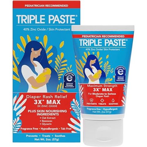 Triple Paste 3X Max Diaper Rash Ointment for Baby, Maximum Strength with 40% Zinc Oxide Ointment for Serious Diaper Rash, 2 oz Tube