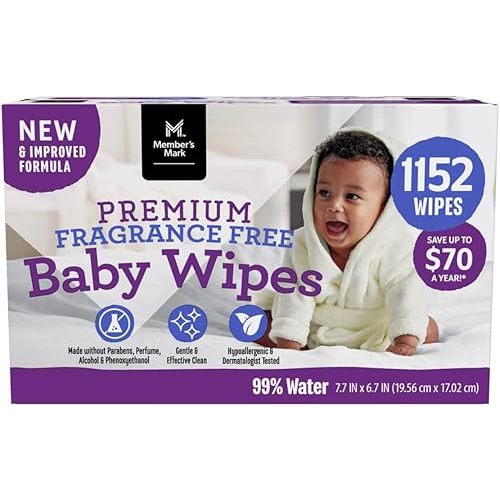 Member's Mark Fragrance Free Baby Wipes (Netcount 12 Pack 96 Wipes in Each), 12Count ()