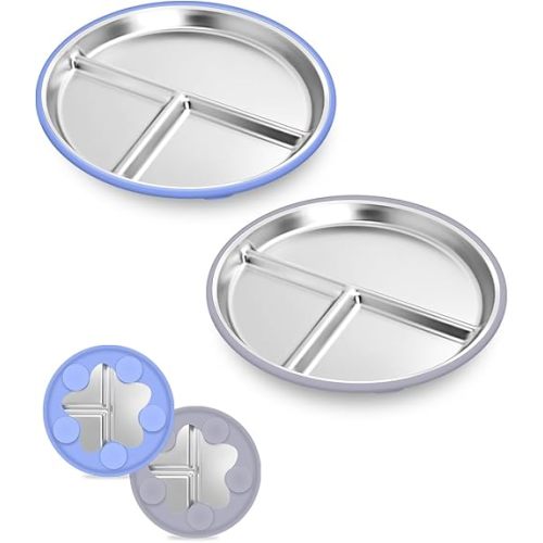 Stainless Steel Baby Plates With Suction,9” Divided Plate Silicone Sleeve For Kids ,Metal Toddler Plates BPA Free Stainless Steel Toddler Plate Unbreakable Dishwasher Safe Set Of 2 Blue and Gray