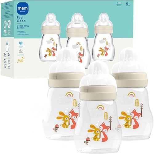 MAM Premium Glass Baby Bottles, Easy Switch Between Breast and Bottle, Feel Good Slow Flow, Newborn Essentials Must Have, 0+ Months, BPA Free, 6oz, Unisex, 3 Pack