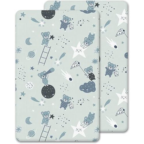2 Pcs Crib Fitted Sheets (50x90 cm) - Made from 100% Cotton - Ultra Soft, Comfy, Breathable Crib Sheet (Grey Moon & Bear, 50x90 cm)