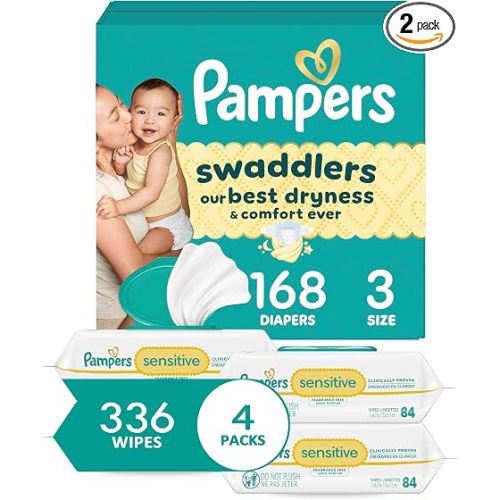 Diapers Size 3, 168 Count and Baby Wipes - Pampers Swaddlers Disposable Baby Diapers and Water Baby Wipes Sensitive Pop-Top Packs, 336 Count (Packaging May Vary)