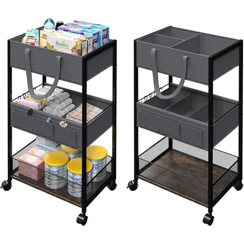 Diaper Caddy Organizer and Storage, 3-Tier Baby Storage Organizers with 2+2 Dividers, Large Capacity Diaper Rolling Cart for Nursery, Diaper Caddy Cart for Crib, Bedroom, Bathroom