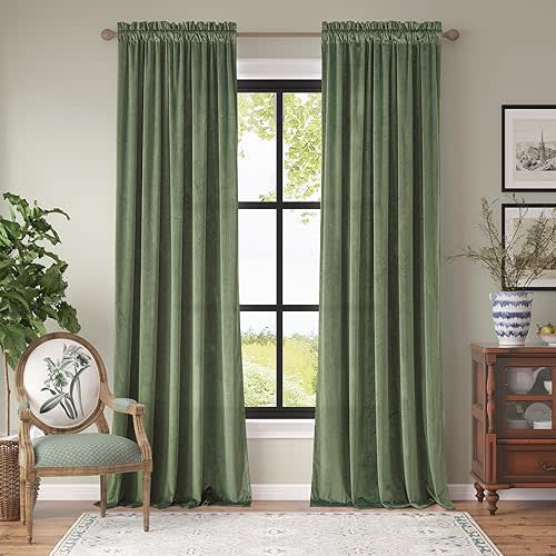 jinchan Curtains Velvet Curtain for Living Room, Sage Thermal Insulated Drape for Bedroom 120 Inch Long, Privacy Room Darkening Window Treatment Rod Pocket 1 Panel, Sage Green