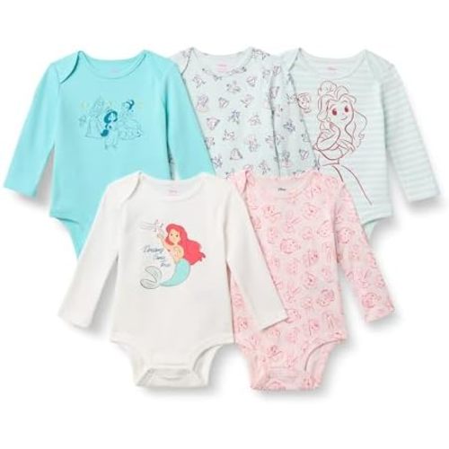 Amazon Essentials Disney Unisex Babies' Cotton Knit Long-Sleeve Bodysuits, Pack of 5