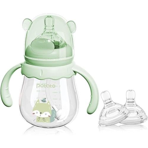 POTATO Glass Baby Bottles, Anti-Colic Breastfeeding Bottles with Medium Flow Nipple, Suitable for Babies 3-6 Months, 2 Replaceable Nipples, 6 oz, Green