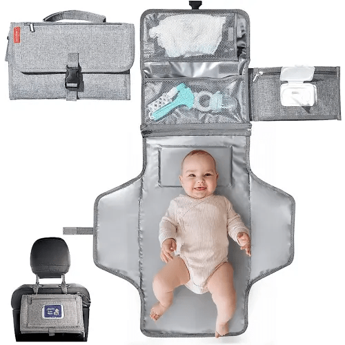 Portable Baby Changing Pad, SKYROKU Detachable Travel Changing Pad, Smart Wipes Pocket with Built-in Pillow -Waterproof & Large Changing Area-Foldable Travel Baby Changing Kit(Grey)