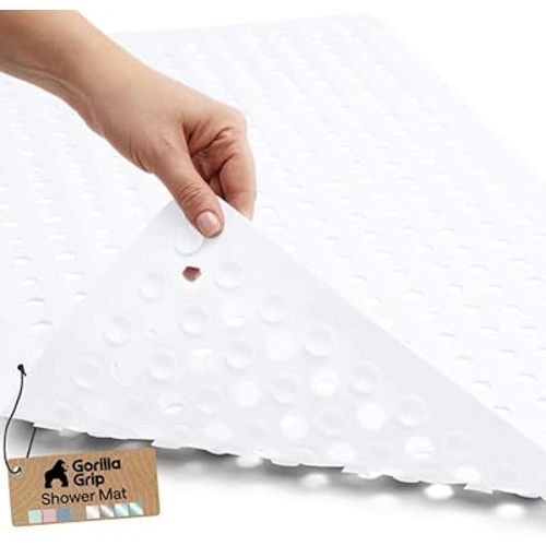 GORILLA GRIP Patented Bath Tub Shower Mat, Machine Washable Bathtub Floor Liner Mats, Suction Cups and Drain Holes to Keep Tubs Clean, Soft on Feet, Bathroom Essentials, 35x16 Inch, White