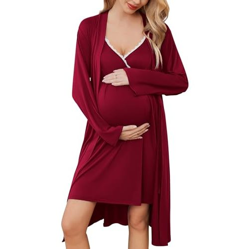 Ekouaer Maternity Nursing Gown and Robe Set Lace Nursing Nightgown for Breastfeeding Labor Delivery gowns for Hospital