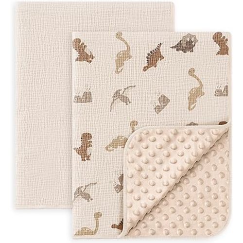 Susurration Baby Blanket for Unisex Boys Girls, 2 Pack Soft Fluffy Crib Blankets with Muslin Cotton Front and Dotted Fleece Back, Receiving Blanket for Baby Newborn Infant, 30x40inch, Dinosaur&Cream